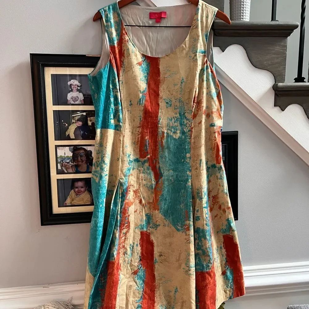 LaVia 18 Italy Rust & Turquoise Watercolor Dress sz 48 or US 12